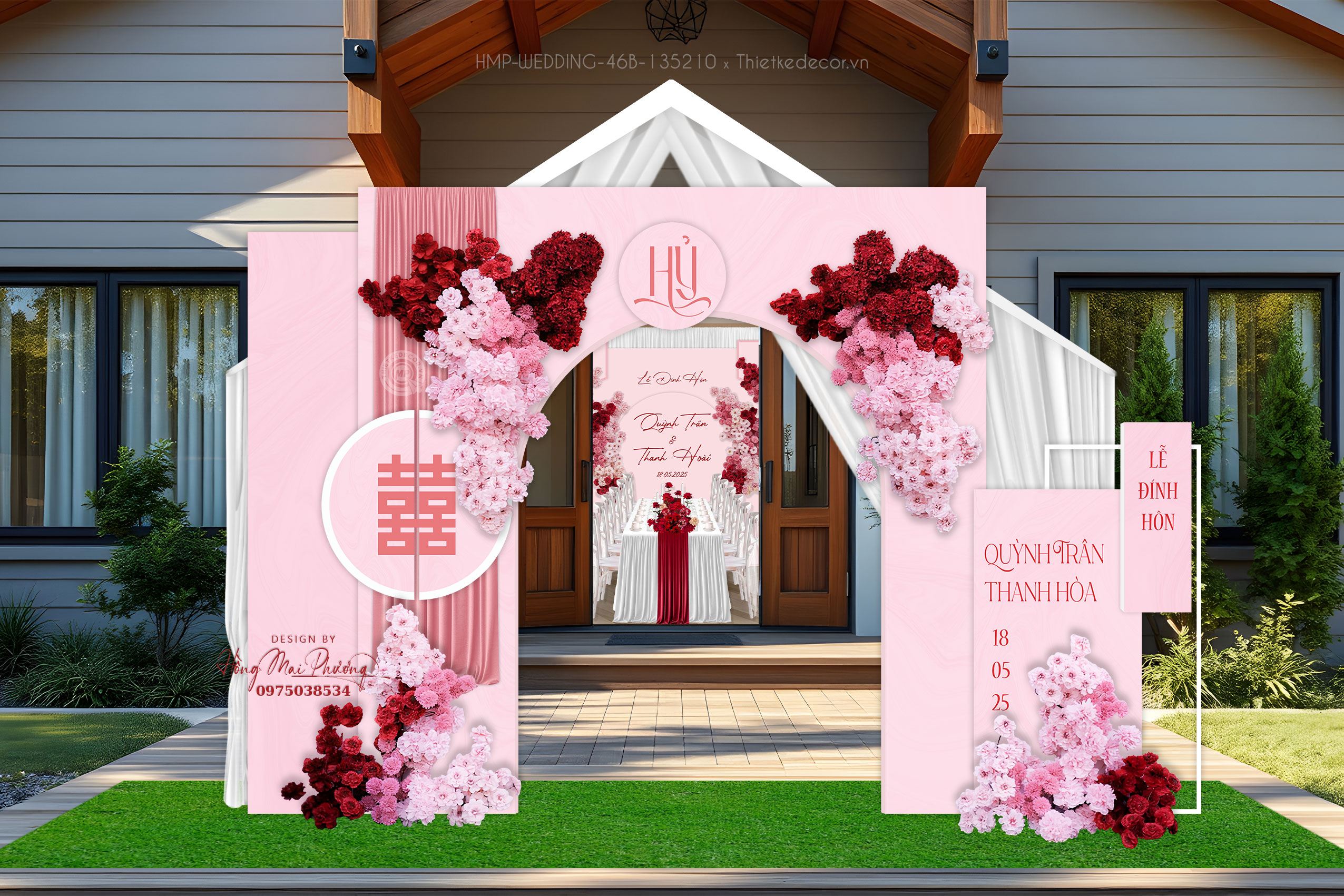 Cổng cưới tone hồng phối rèm dễ thương mix với chữ Hỷ